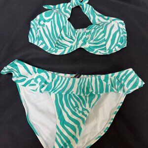 Trina Turk Teal White Zebra Bikini Set - Size Medium -Push up Halter, Ruffle